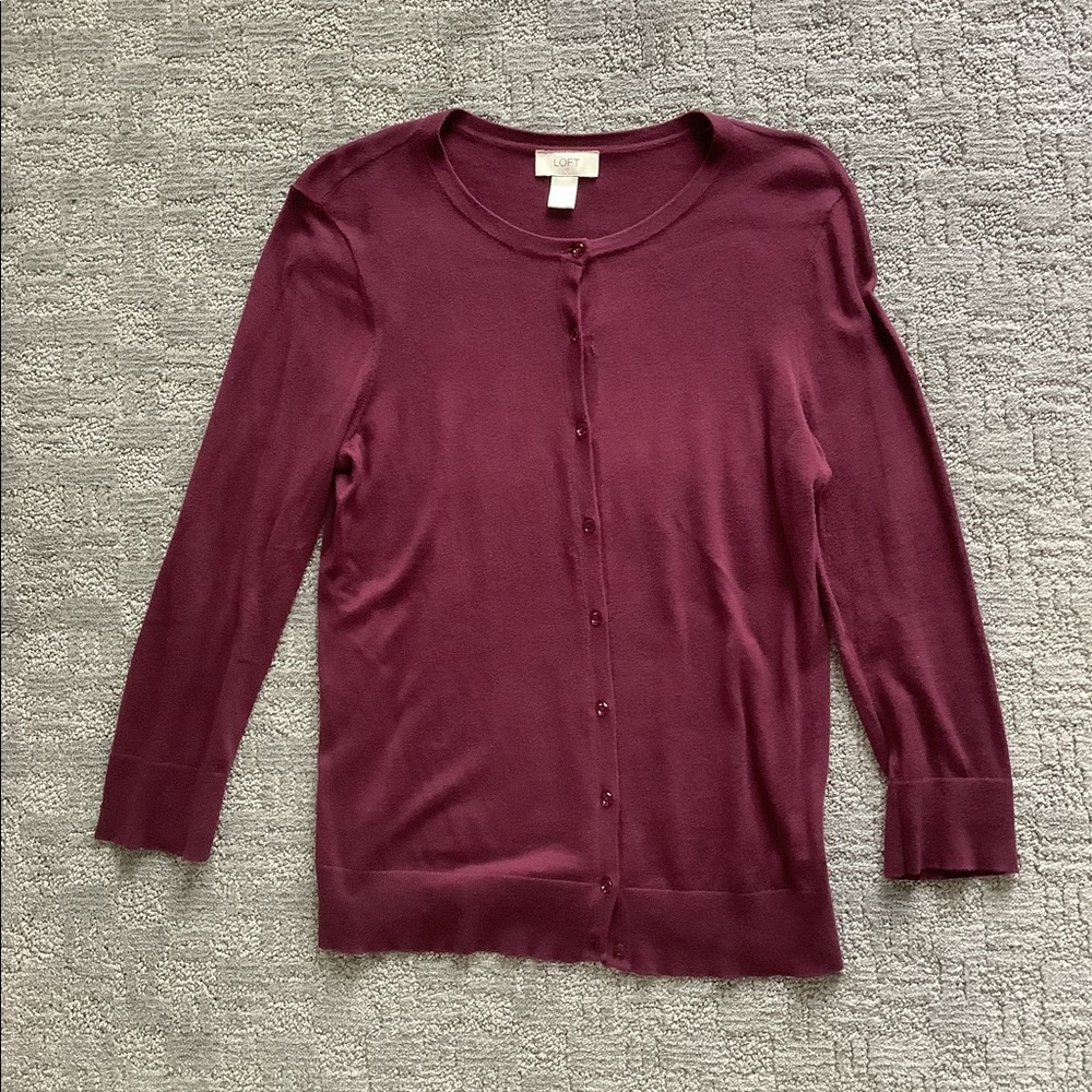 Loft 3/4 sleeve burgundy cotton cardigan